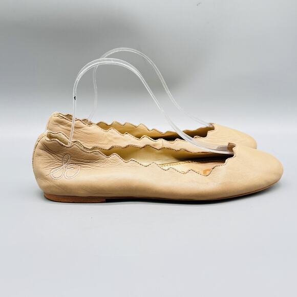 Sam Edelman Shoes Women 9 Beige Leather Scalloped Ballet Flats Slip On Round Toe - Picture 1 of 11